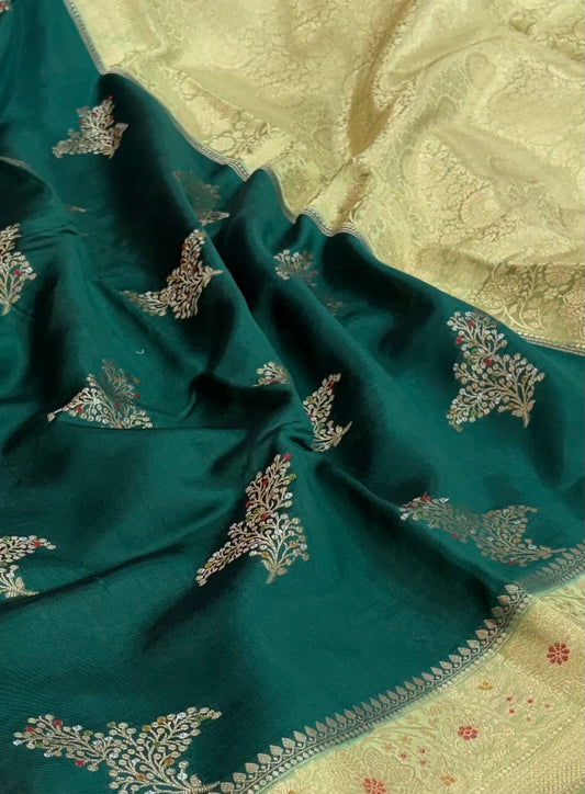 Pure raw mango saree in bottle green with pistachio green colour combination
