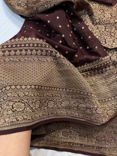 Pure georgette silk saree in Dark Brown colour