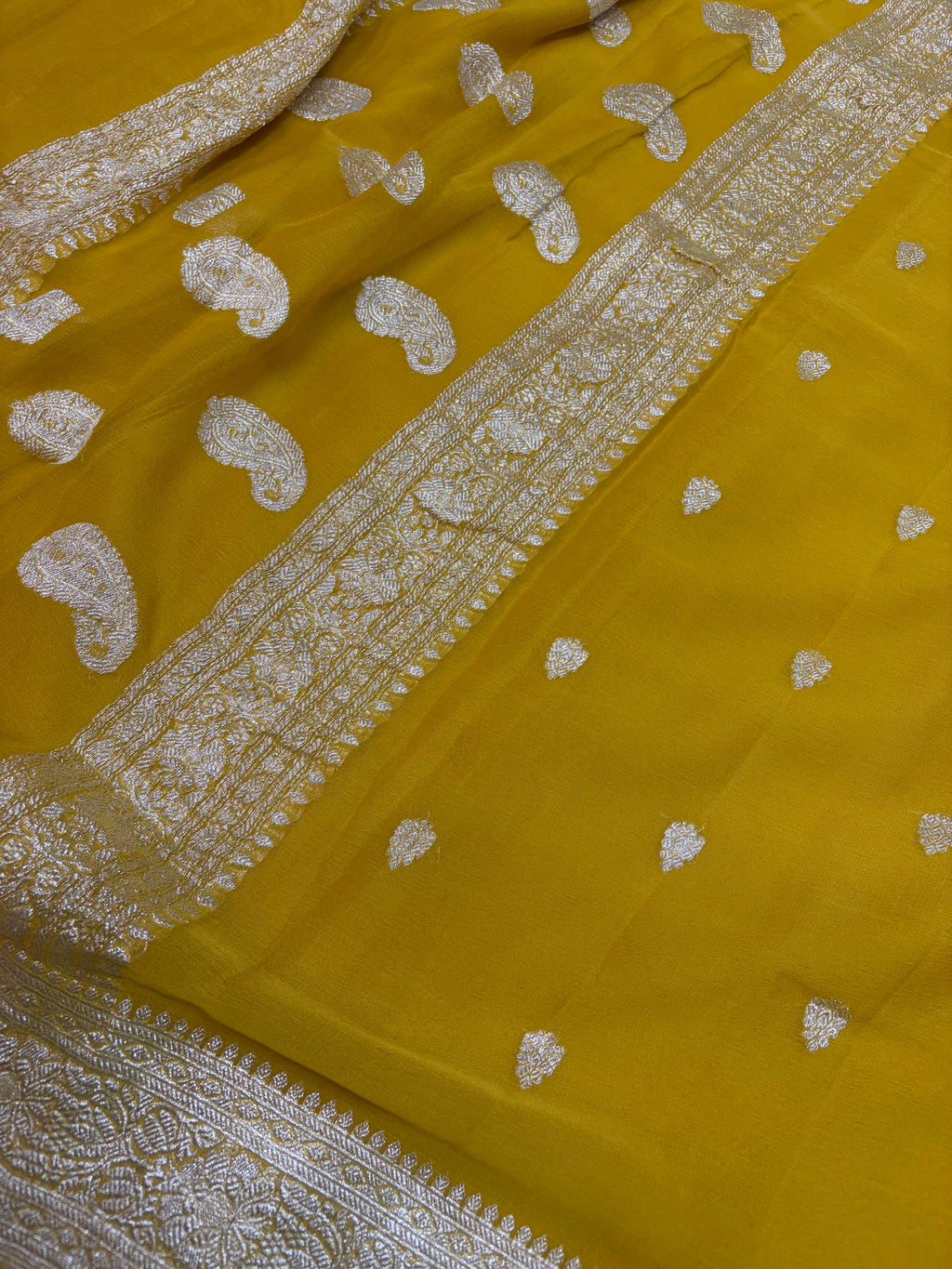 Pure khaddi chiffon saree in mustard gold colour
