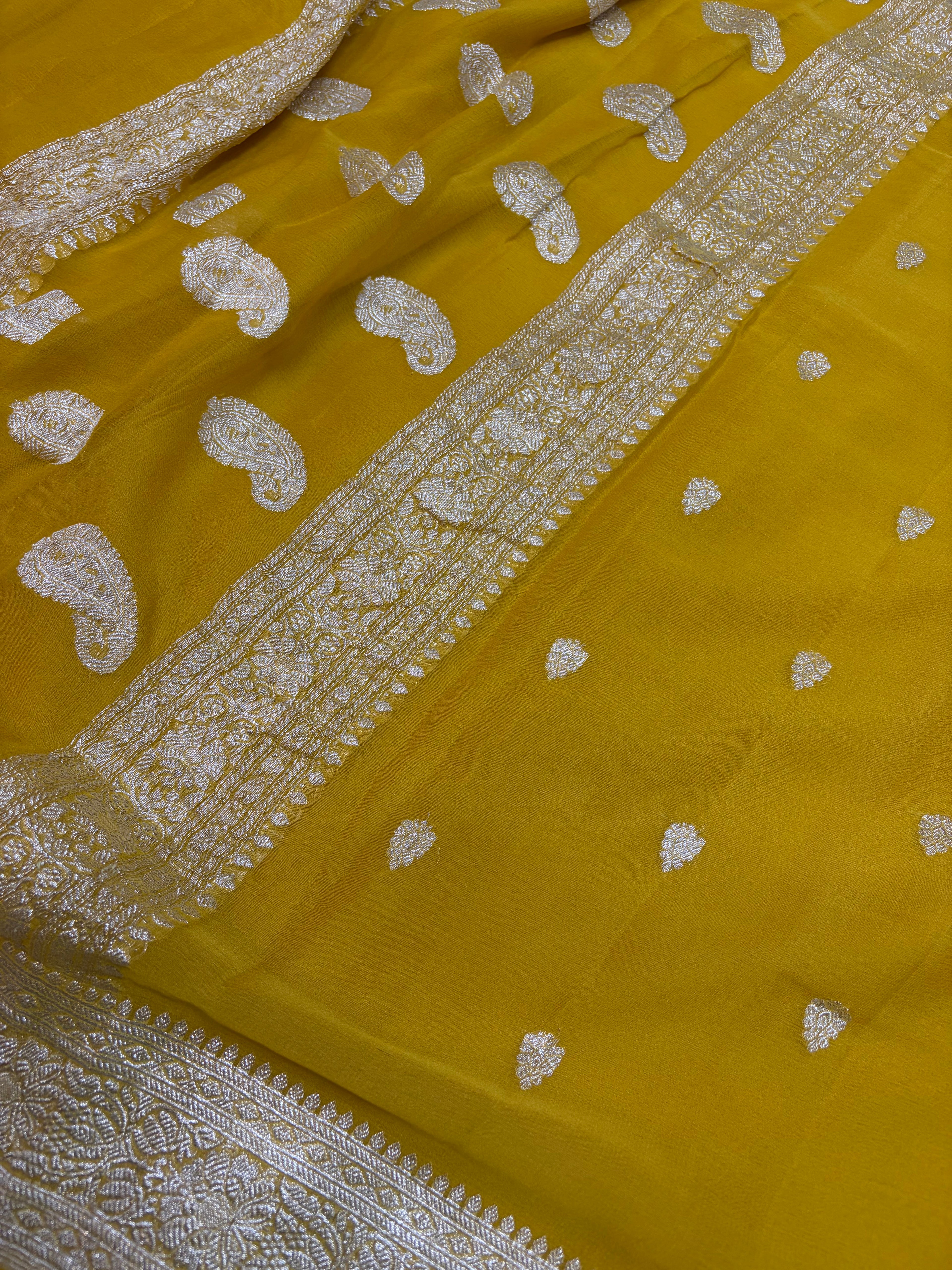 Pure khaddi chiffon saree in mustard gold colour