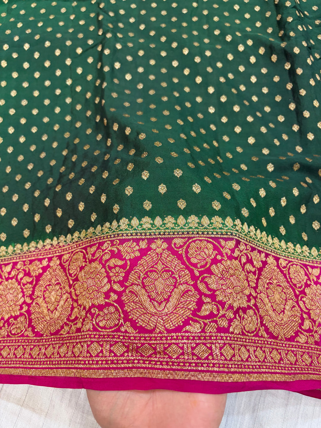 Pure khaddi crepe silk saree in bottle green with rani colour
