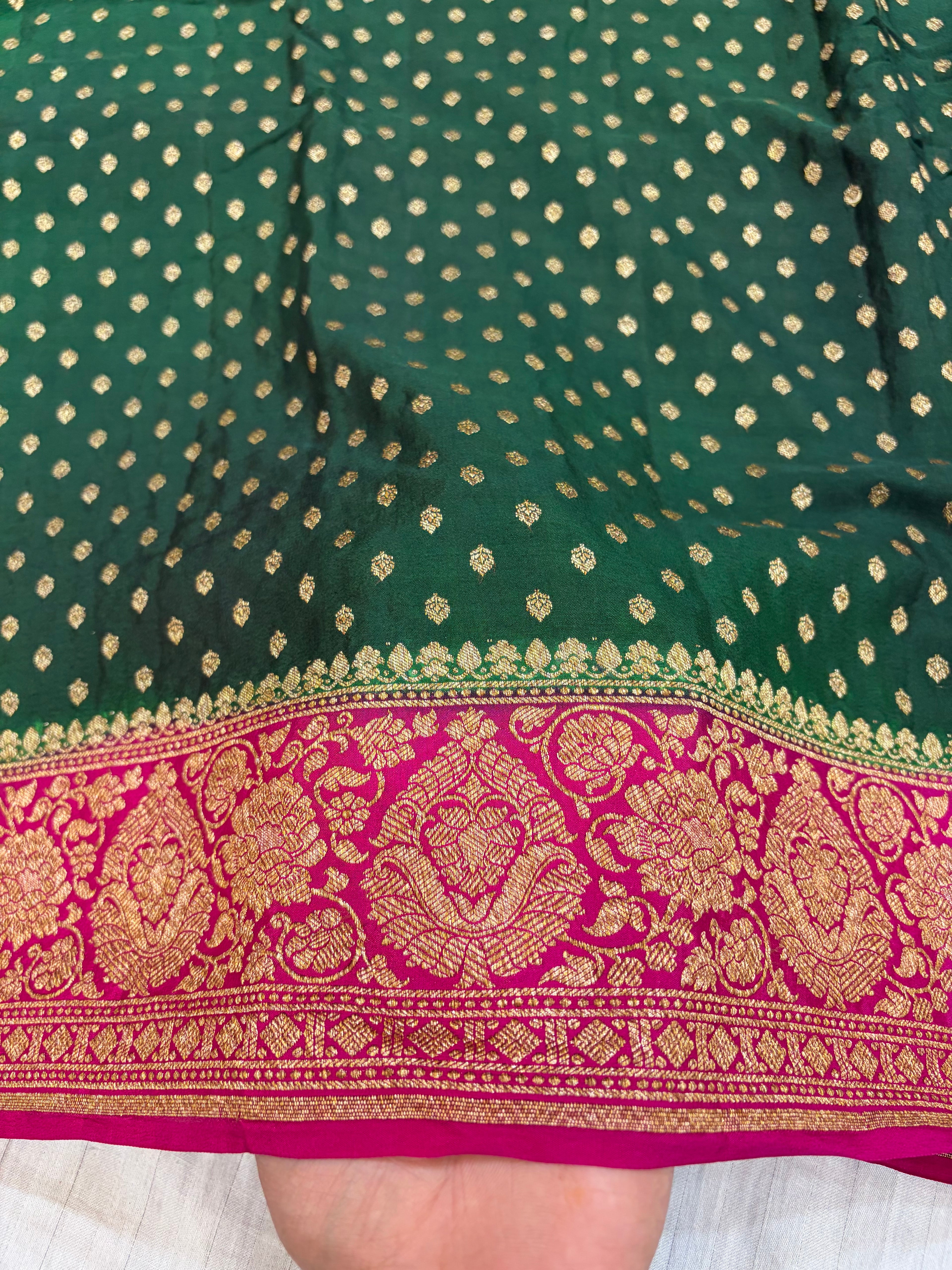 Pure khaddi crepe silk saree in bottle green with rani colour