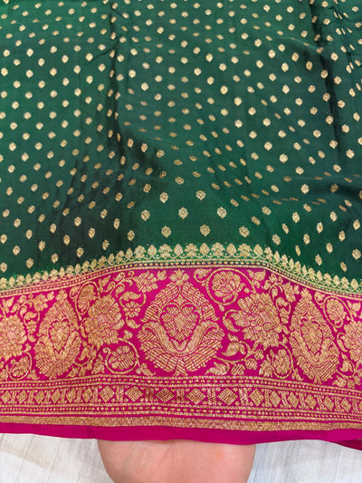 Pure khaddi crepe silk saree in bottle green with rani colour