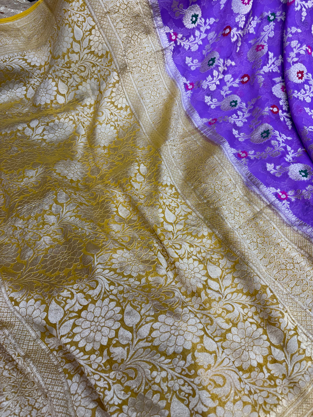 Pure Banarasi handloom georgette silk saree in levender with gold yellow colour