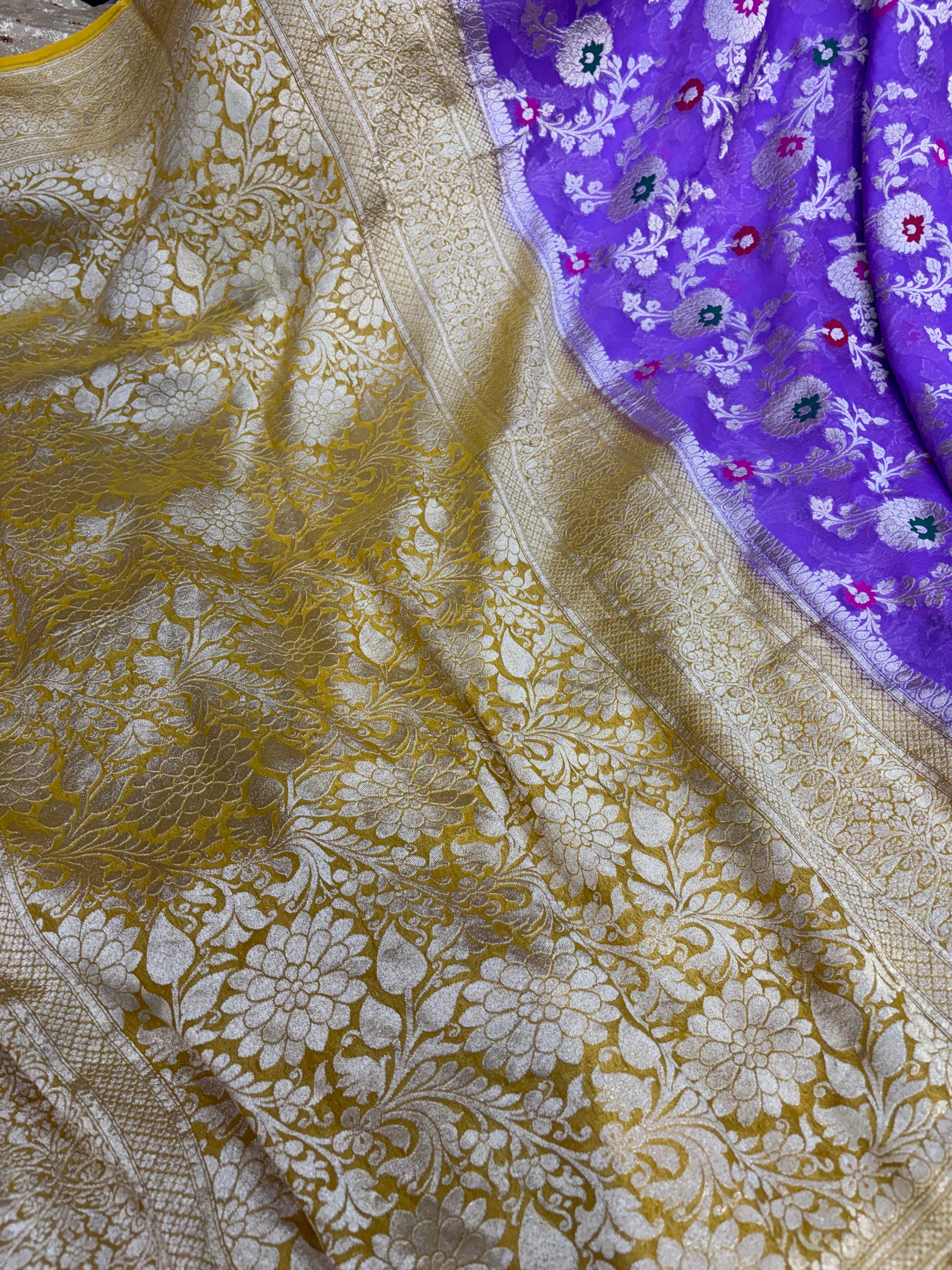 Pure Banarasi handloom georgette silk saree in levender with gold yellow colour