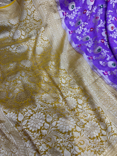 Pure Banarasi handloom georgette silk saree in levender with gold yellow colour