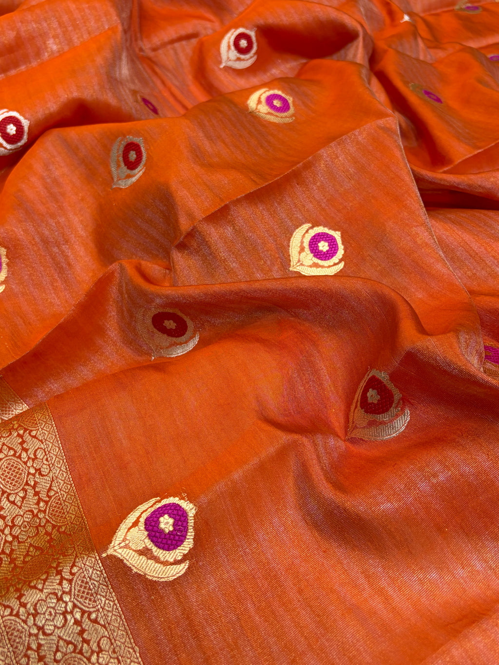 Pure handloom organza silk saree in peach orange colour