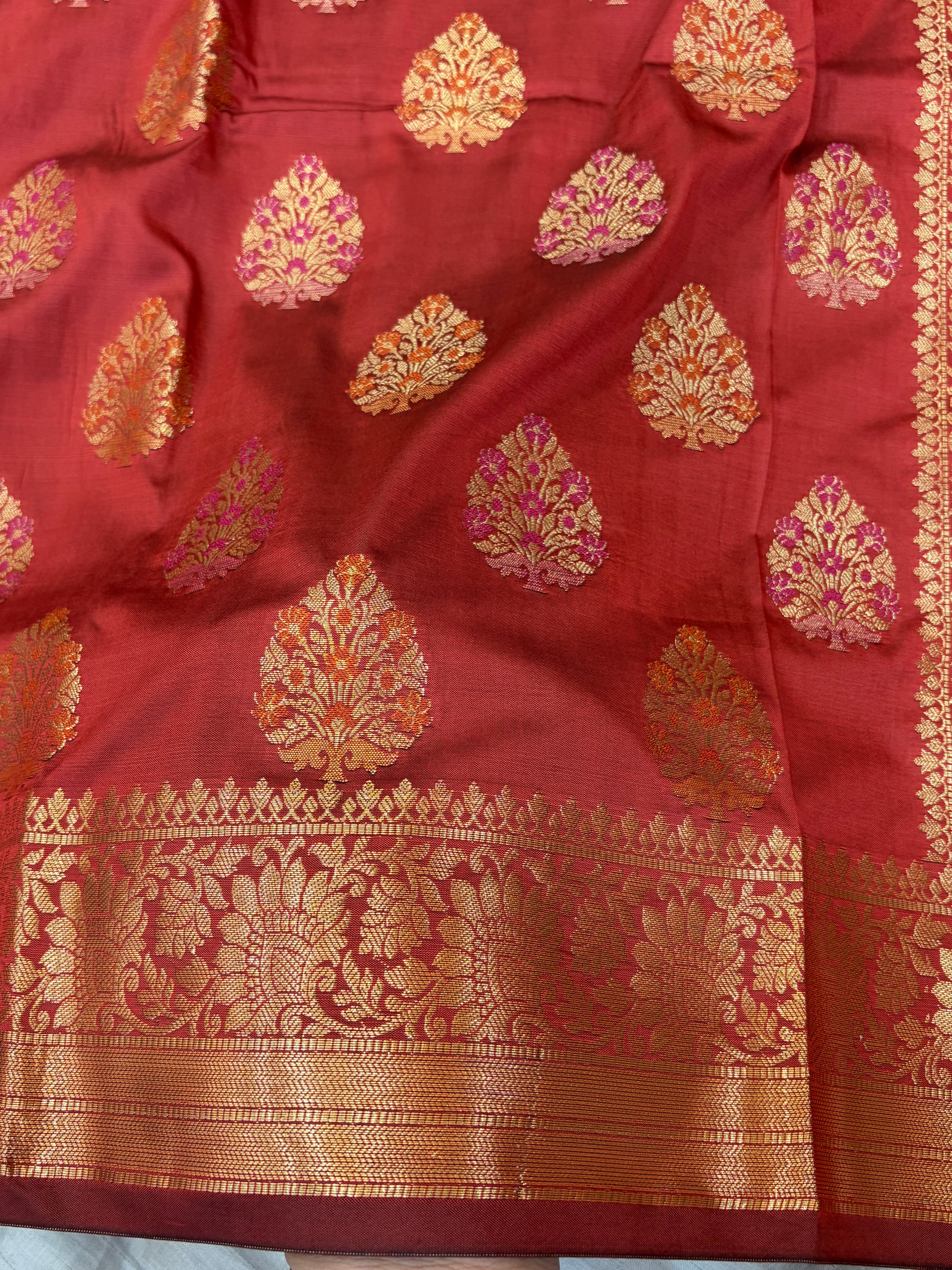 Banarasi katan by katan silk saree in cherry Red colour with multiple meenakari work