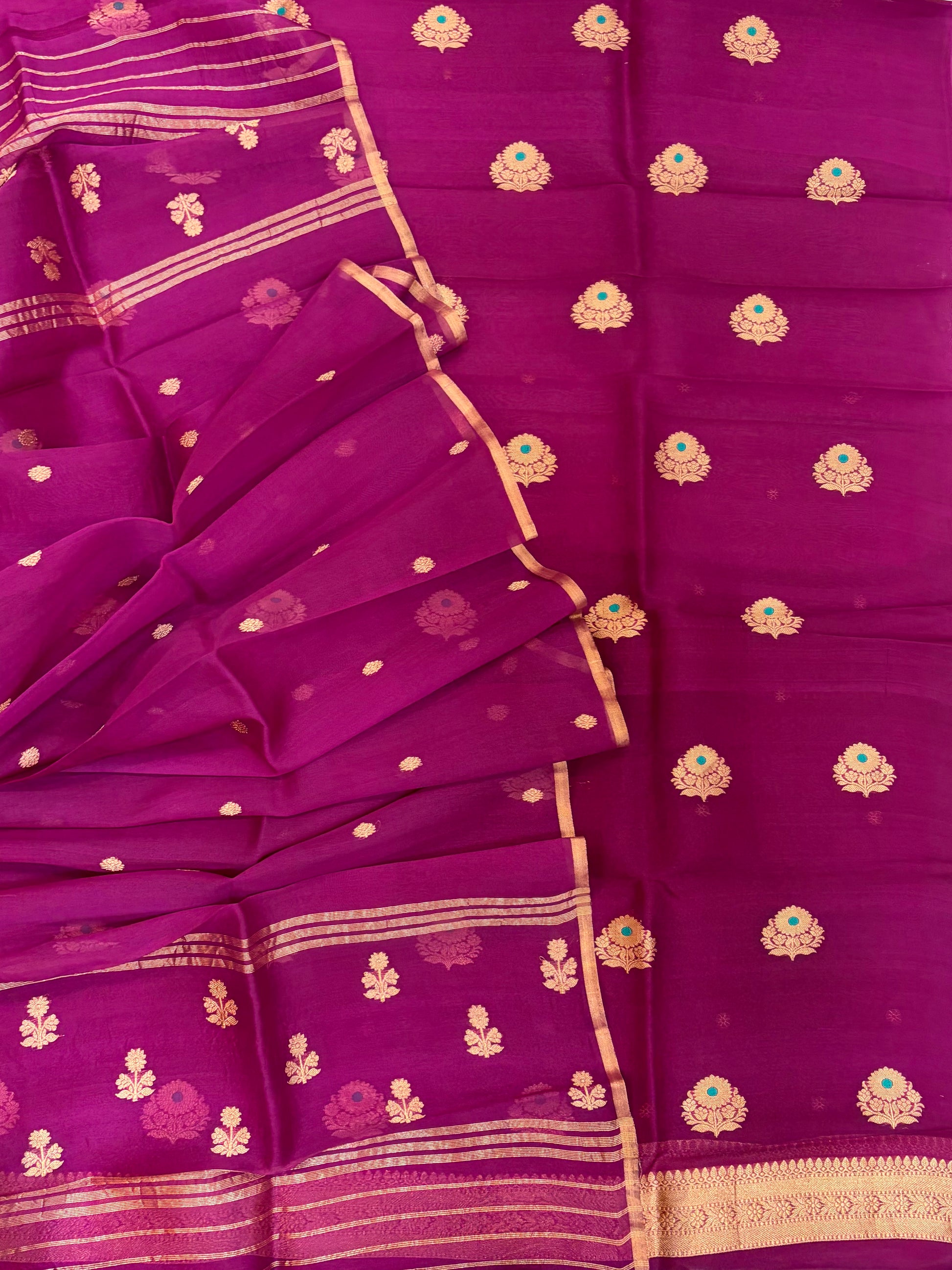 Pure Handloom Kora silk suit set in light Magenta colour with meenakari work