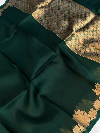 Pure handloom kora silk saree bottle green colour
