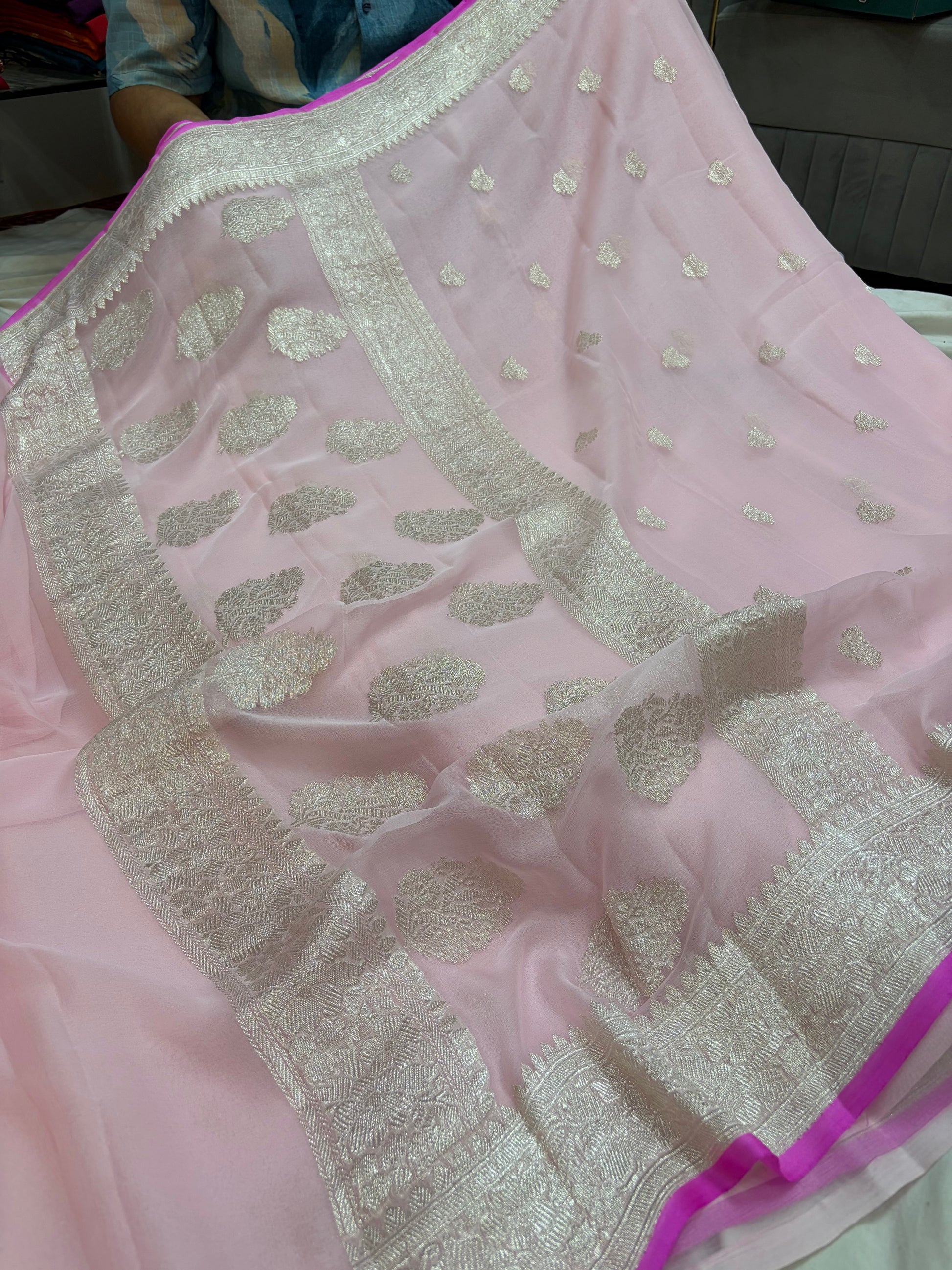 Pure khaddi chiffon saree in baby pink colour with Rani piping border