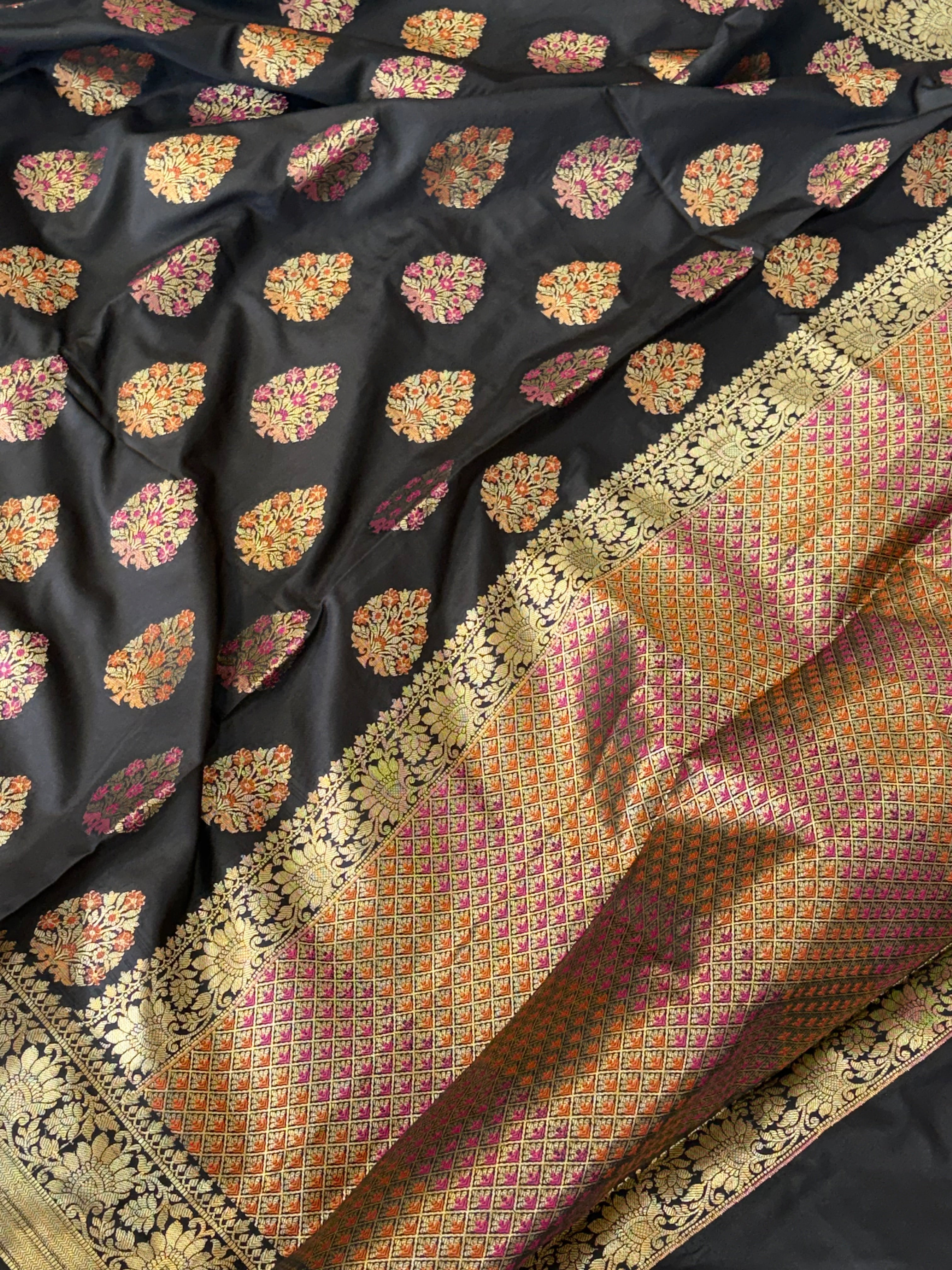 Banarasi katan by katan silk saree in black colour with multiple meenakari work