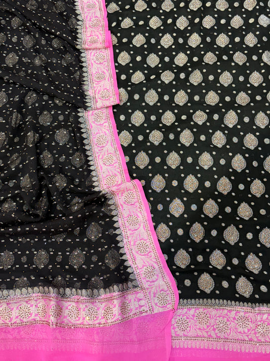 Pure khaddi chiffon suit in black with pink colour with all over swaroski work