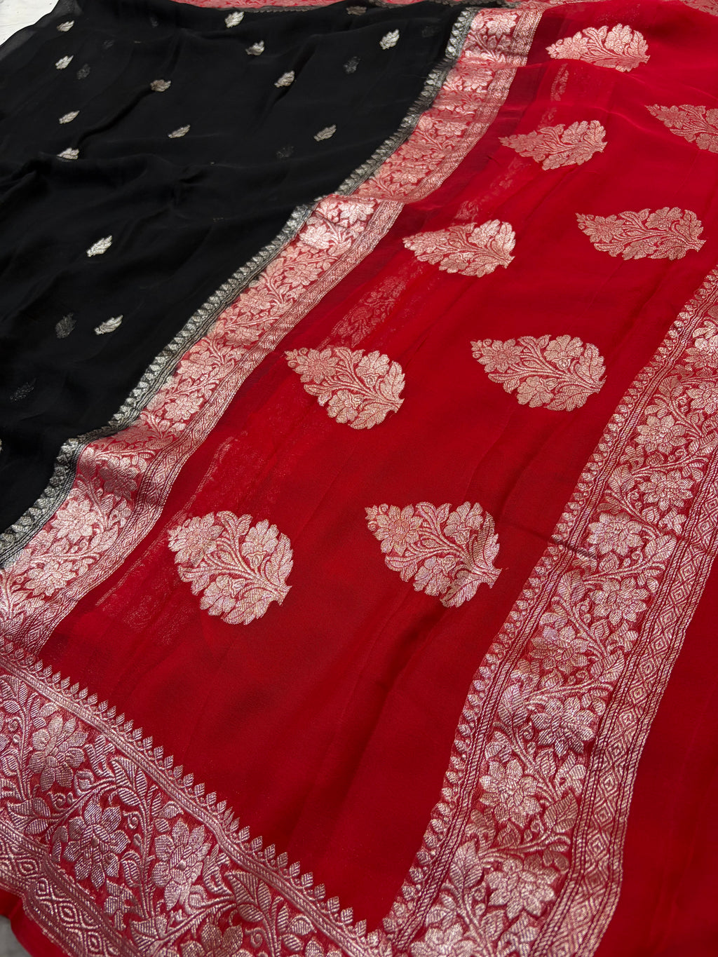 Pure khaddi chiffon saree in black & red colour