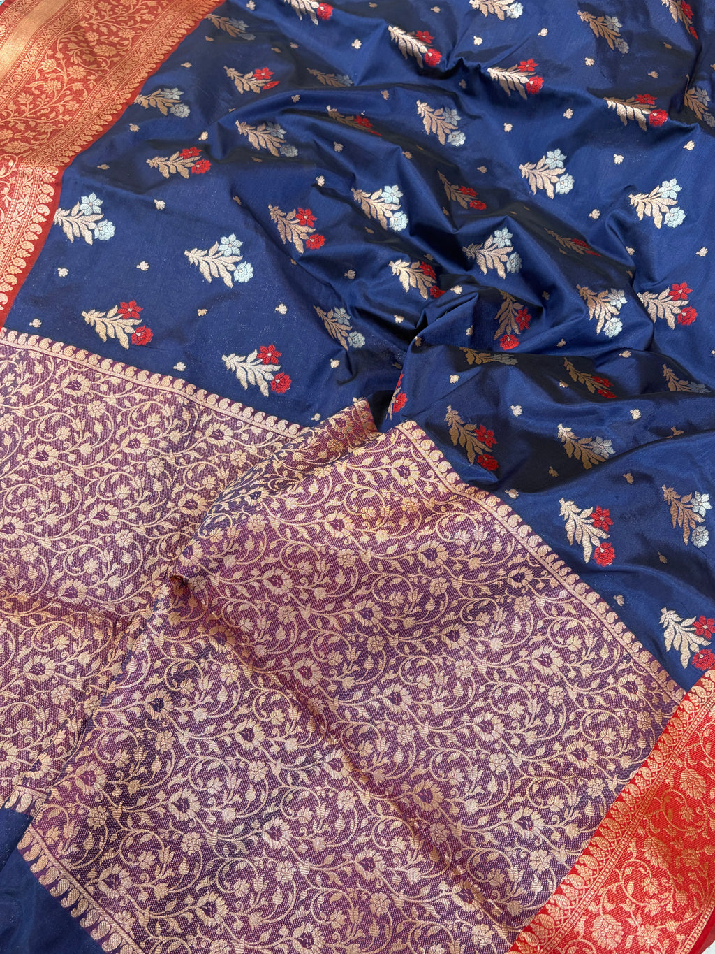Banarasi soft silk Meenakari saree in navy blue with maroon colour