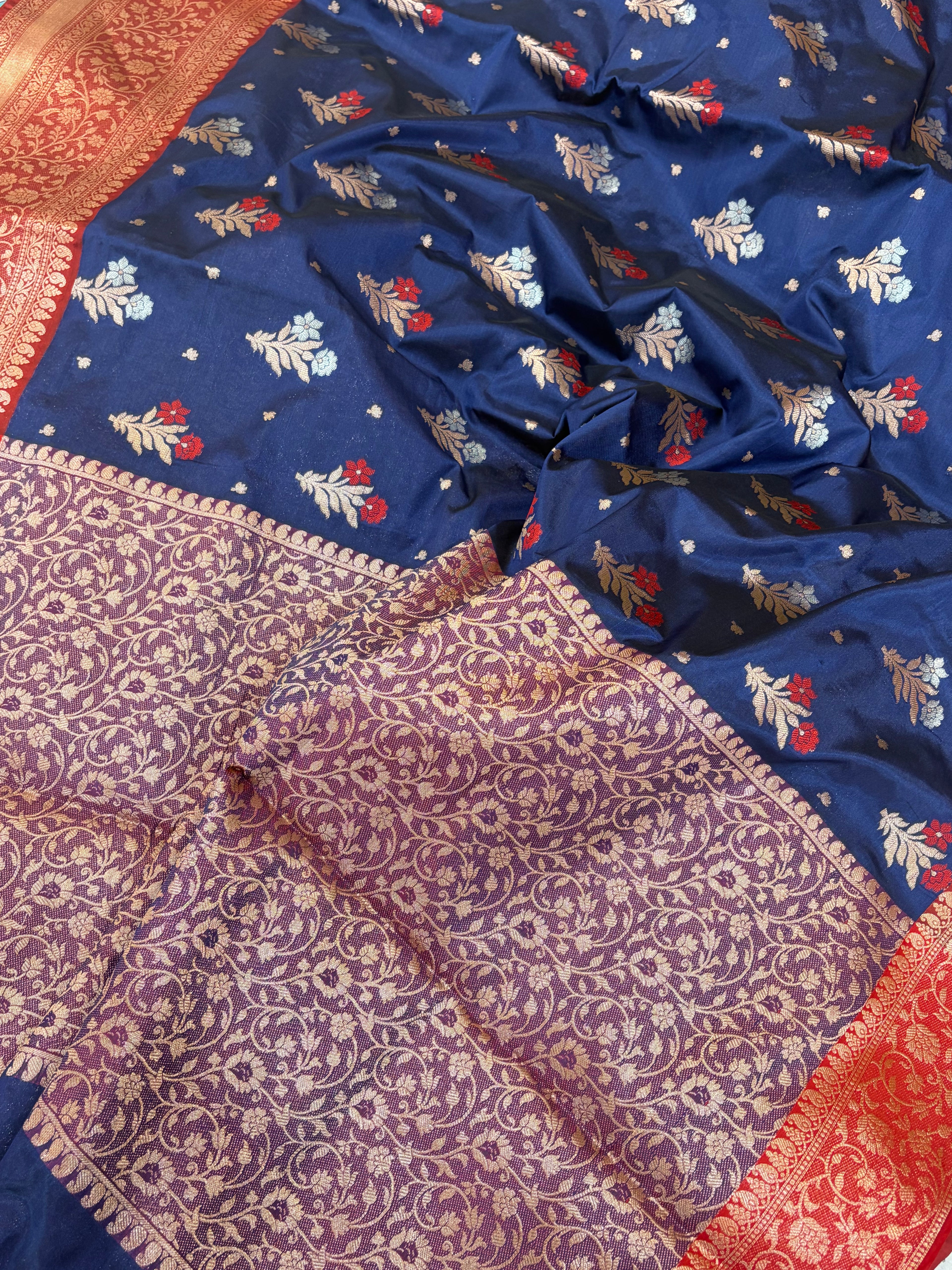 Banarasi soft silk Meenakari saree in navy blue with maroon colour