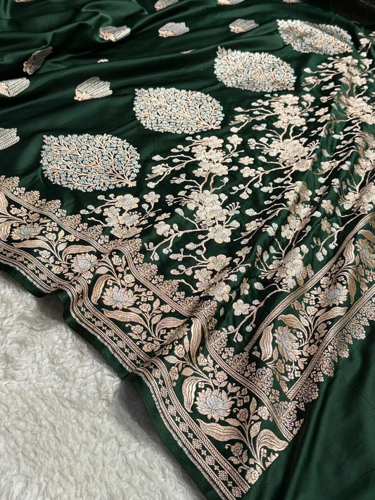 Beautiful Mashru silk saree in bottle green  colour