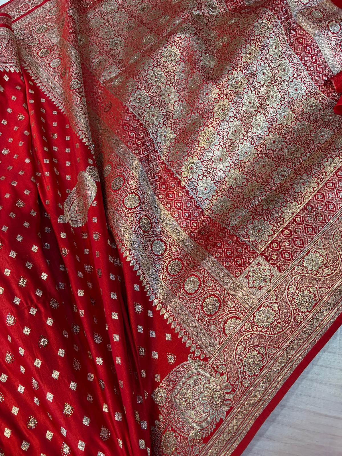 Bridal Banarasi satin Katan silk sarees in blood red colour with all over Swarovski work