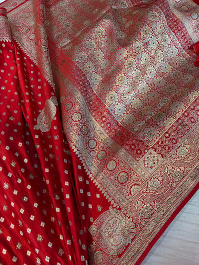 Bridal Banarasi satin Katan silk sarees in blood red colour with all over Swarovski work