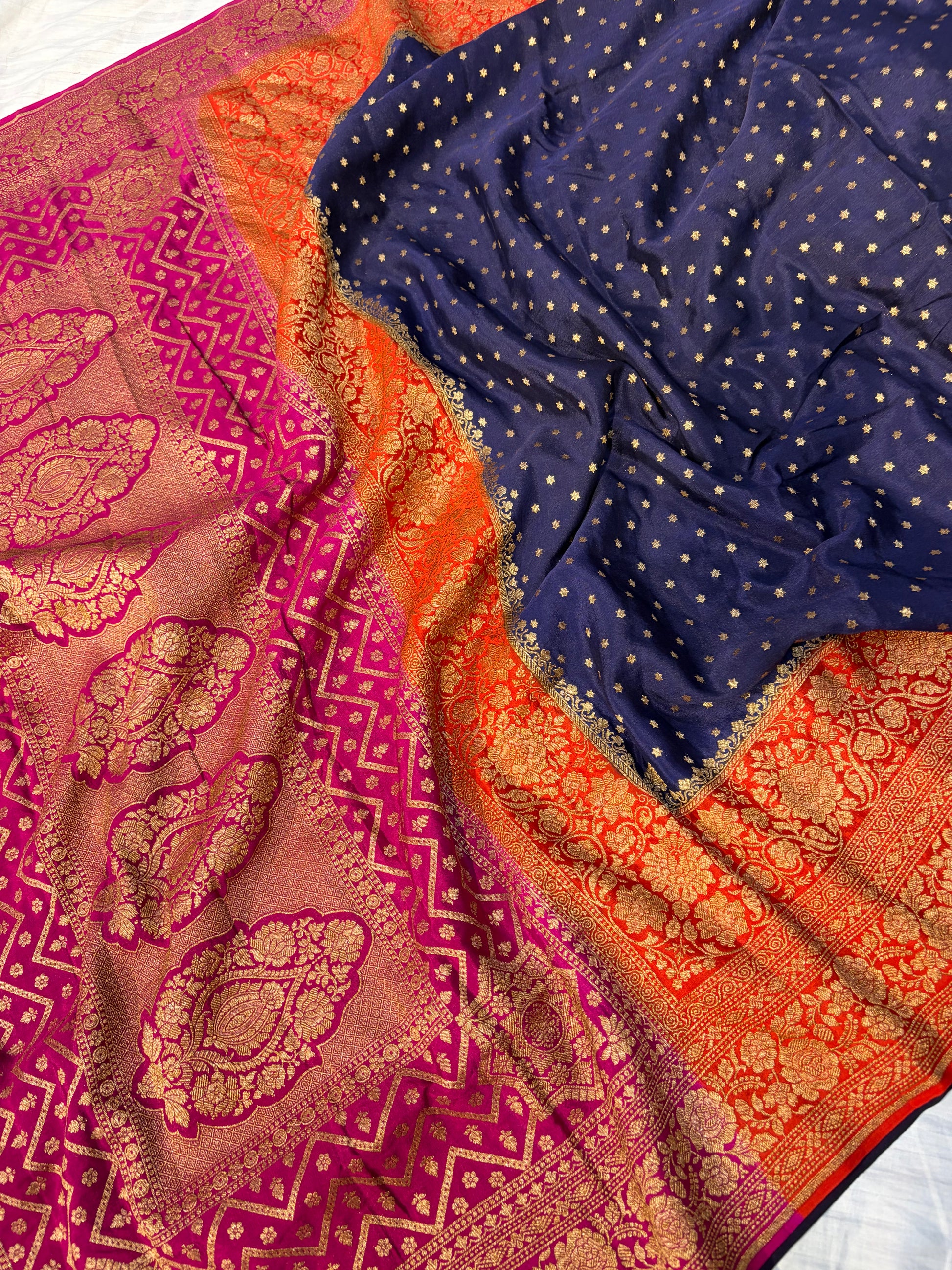 Pure khaddi crepe silk saree with 3D border in Navy blue orange & rani pink colour combination
