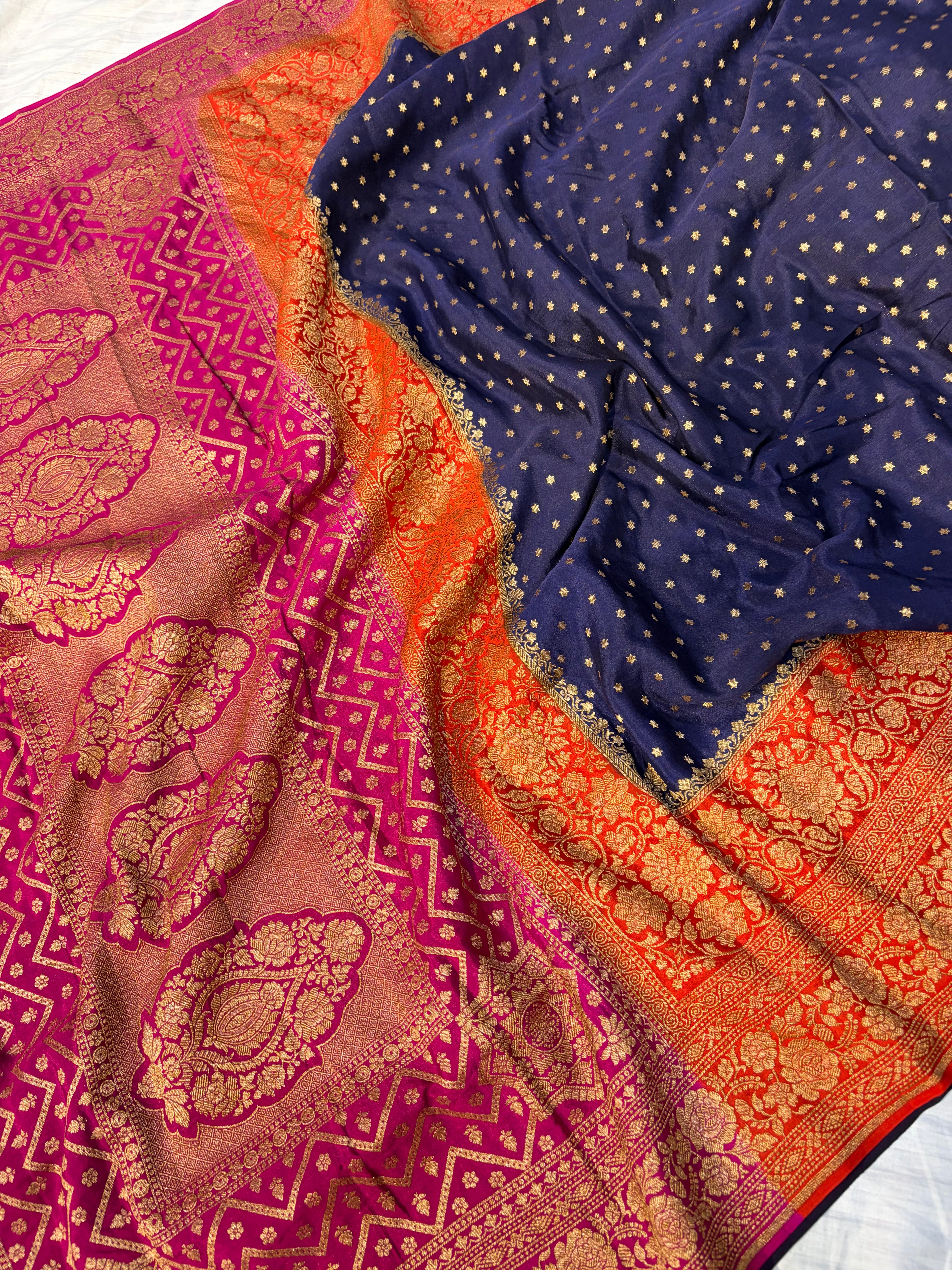 Pure khaddi crepe silk saree with 3D border in Navy blue orange & rani pink colour combination