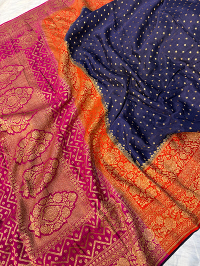 Pure khaddi crepe silk saree with 3D border in Navy blue orange & rani pink colour combination