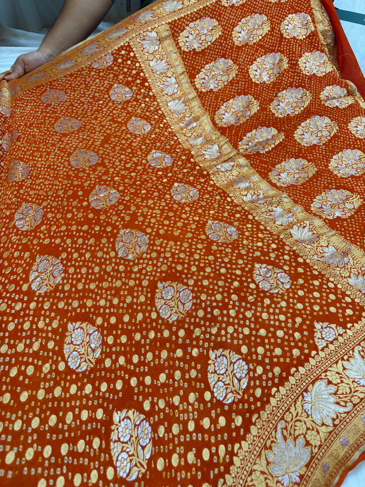 Pure georgette bandhani saree in rust orange