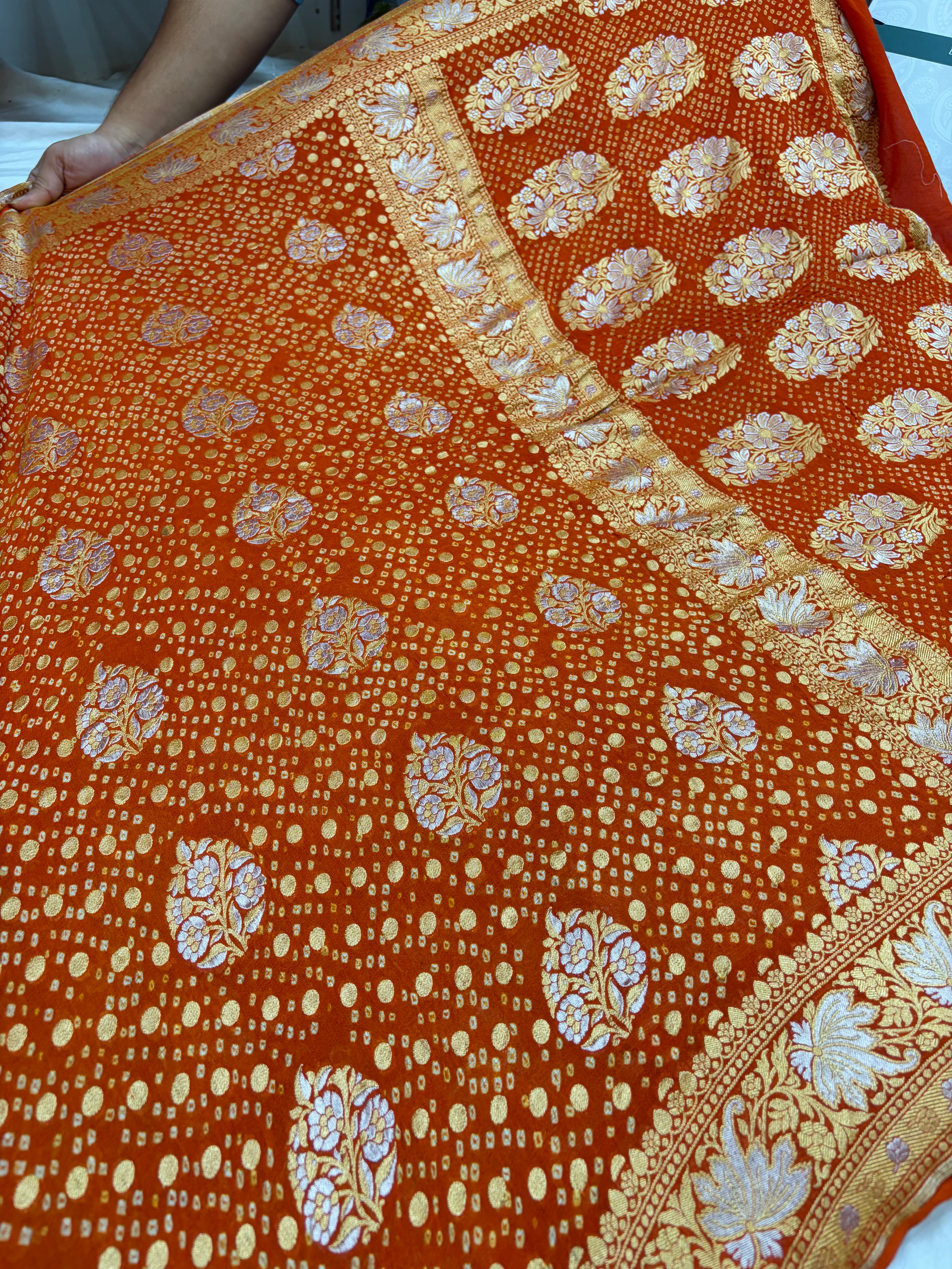 Pure georgette bandhani saree in rust orange