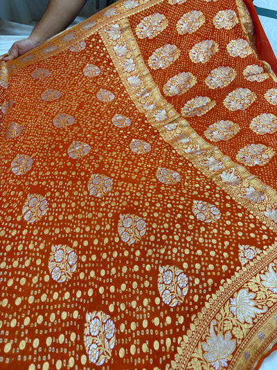 Pure georgette bandhani saree in rust orange