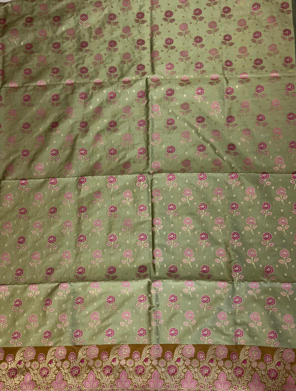Banarasi soft silk suit in pista with mustard colour