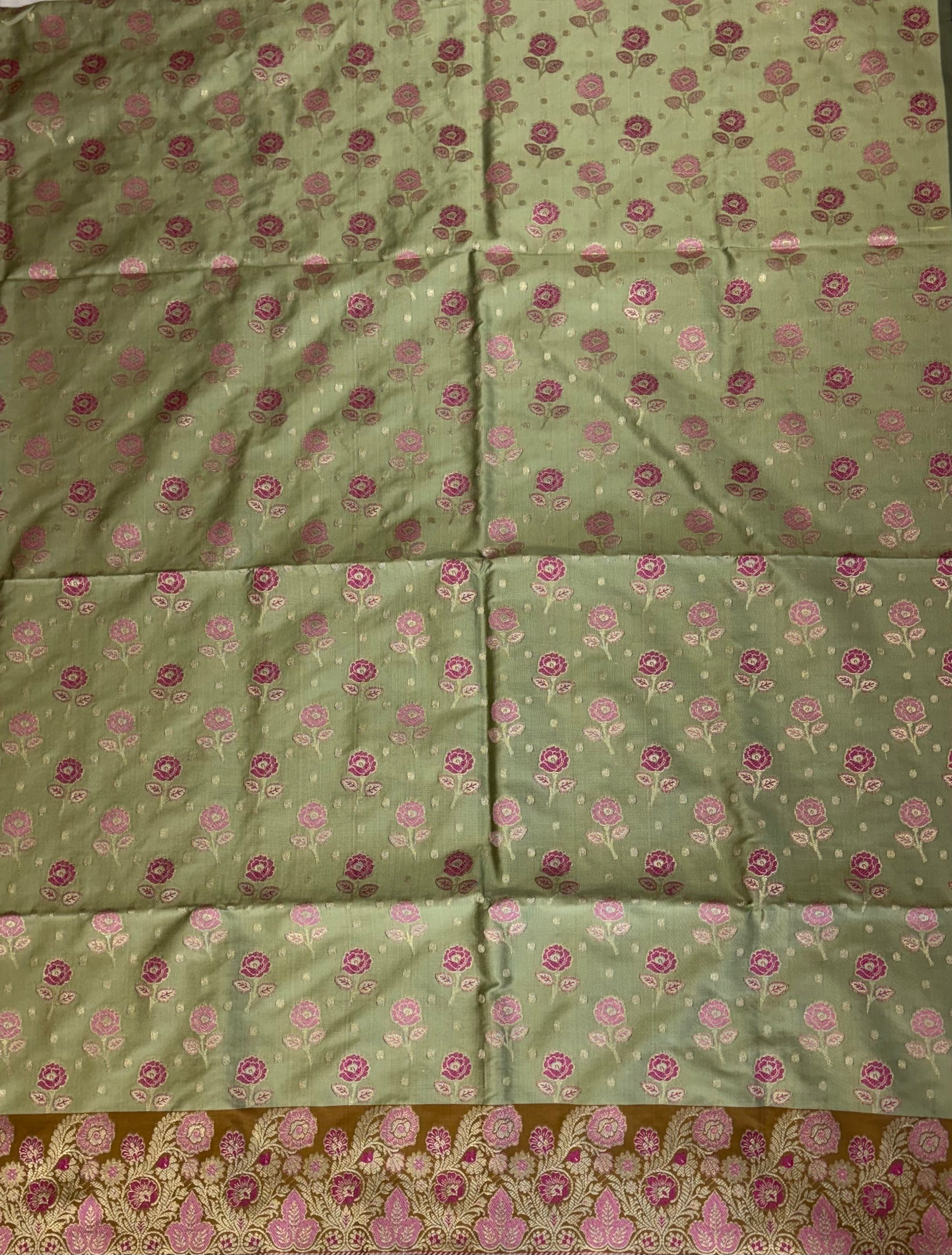 Banarasi soft silk suit in pista with mustard colour