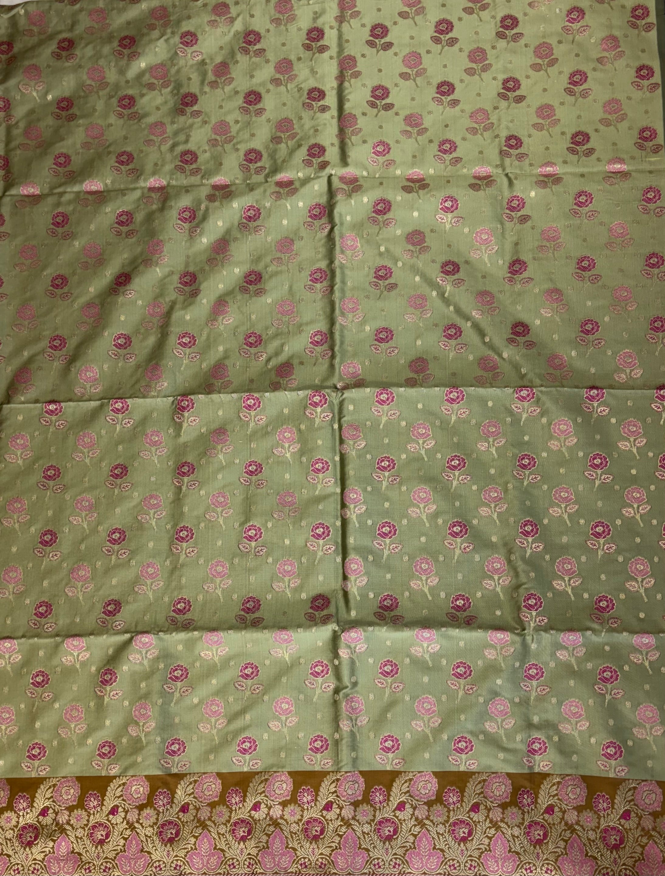 Banarasi soft silk suit in pista with mustard colour