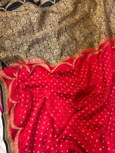 Pure khaddi crepe silk saree in red with black colour combination