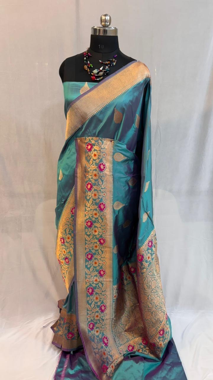 Pure meenakari katan silk saree in  sky green colour