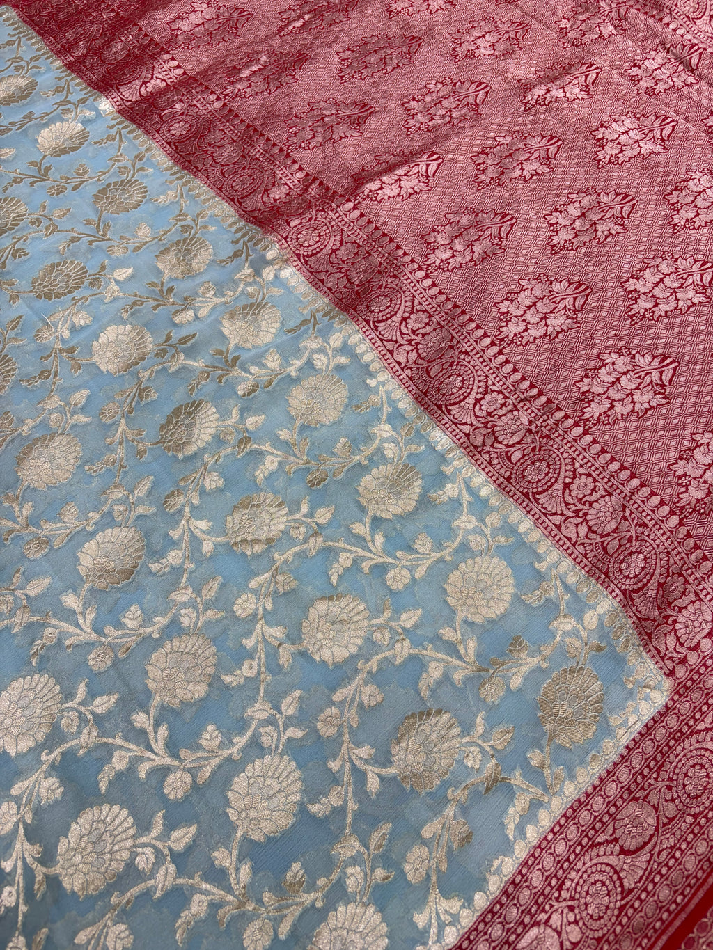 Pure Banarasi handloom georgette silk saree in sky lie with red colour