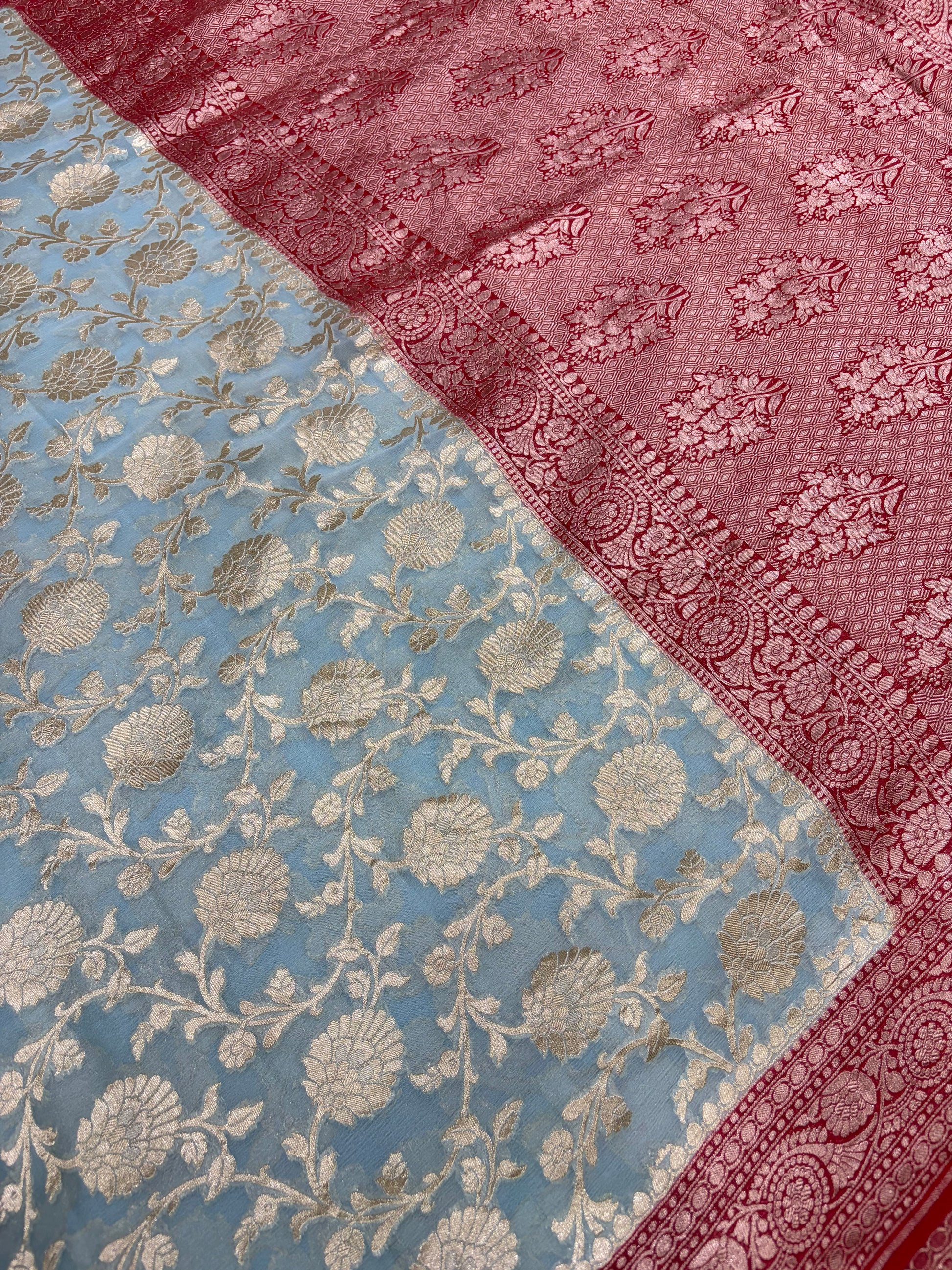 Pure Banarasi handloom georgette silk saree in sky lie with red colour