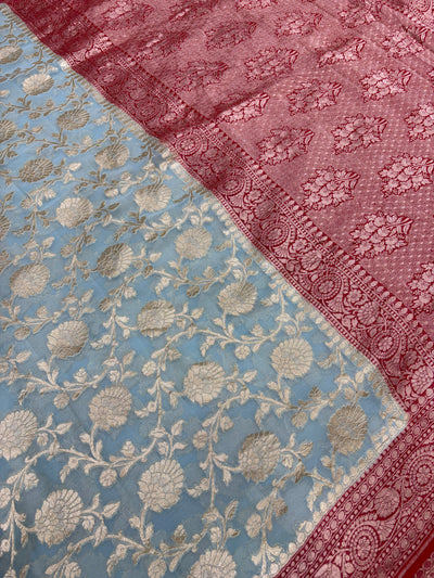 Pure Banarasi handloom georgette silk saree in sky lie with red colour