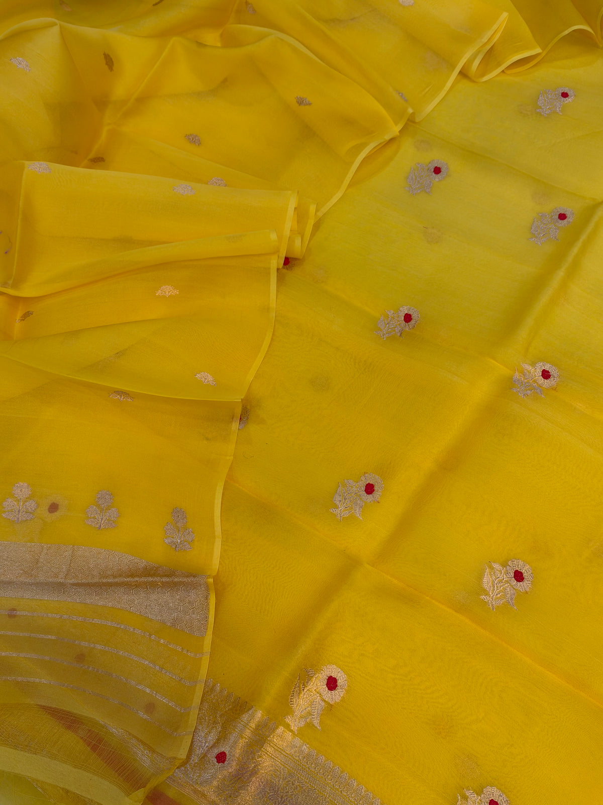 Pure Handloom Kora silk suit set in yellow colour