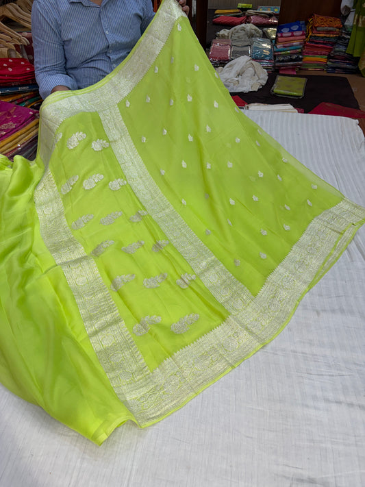 Pure khaddi chiffon saree in neon green colour