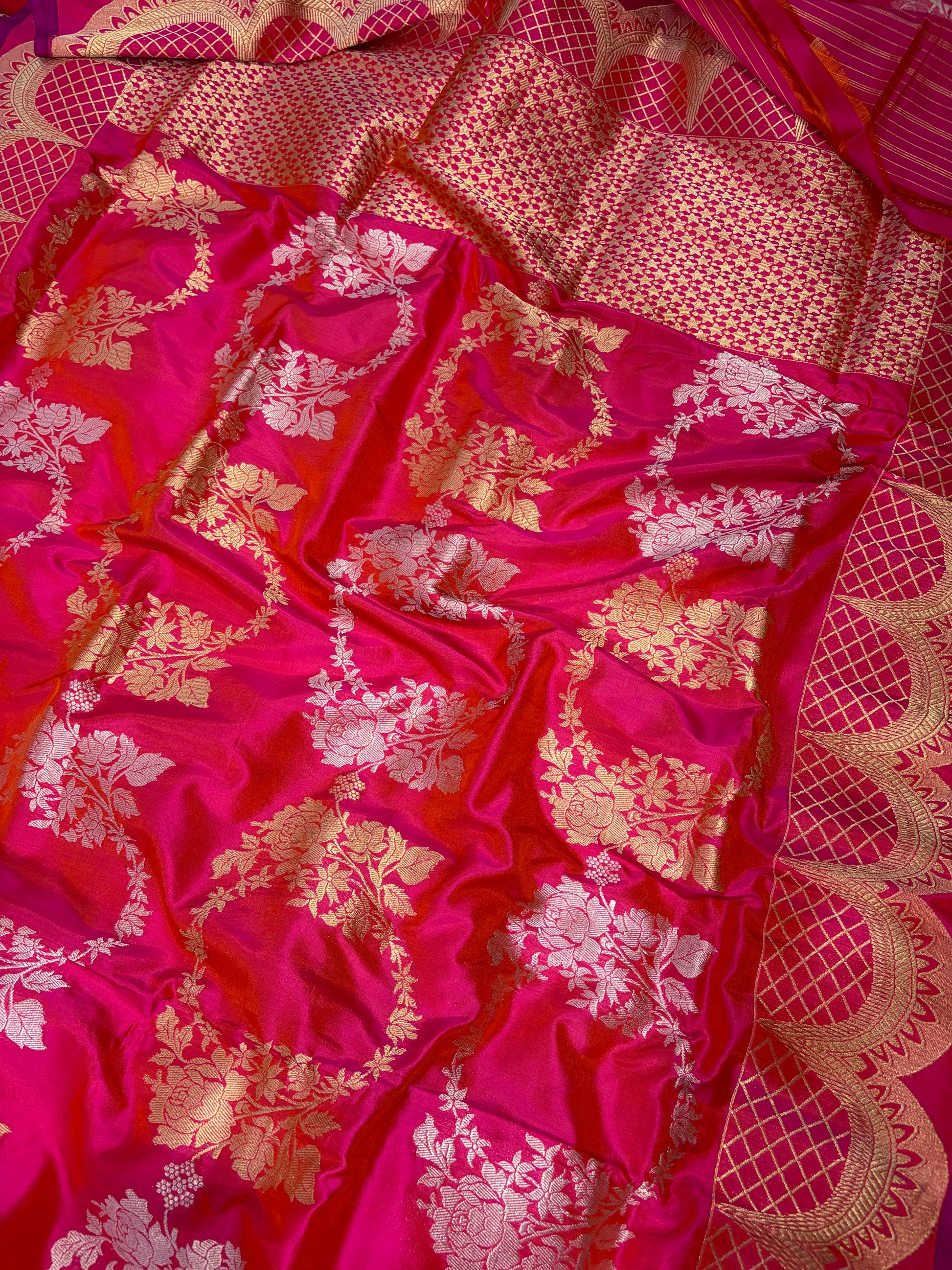 Premium pure katan silk saree with sona rupa work in beautiful rani colour