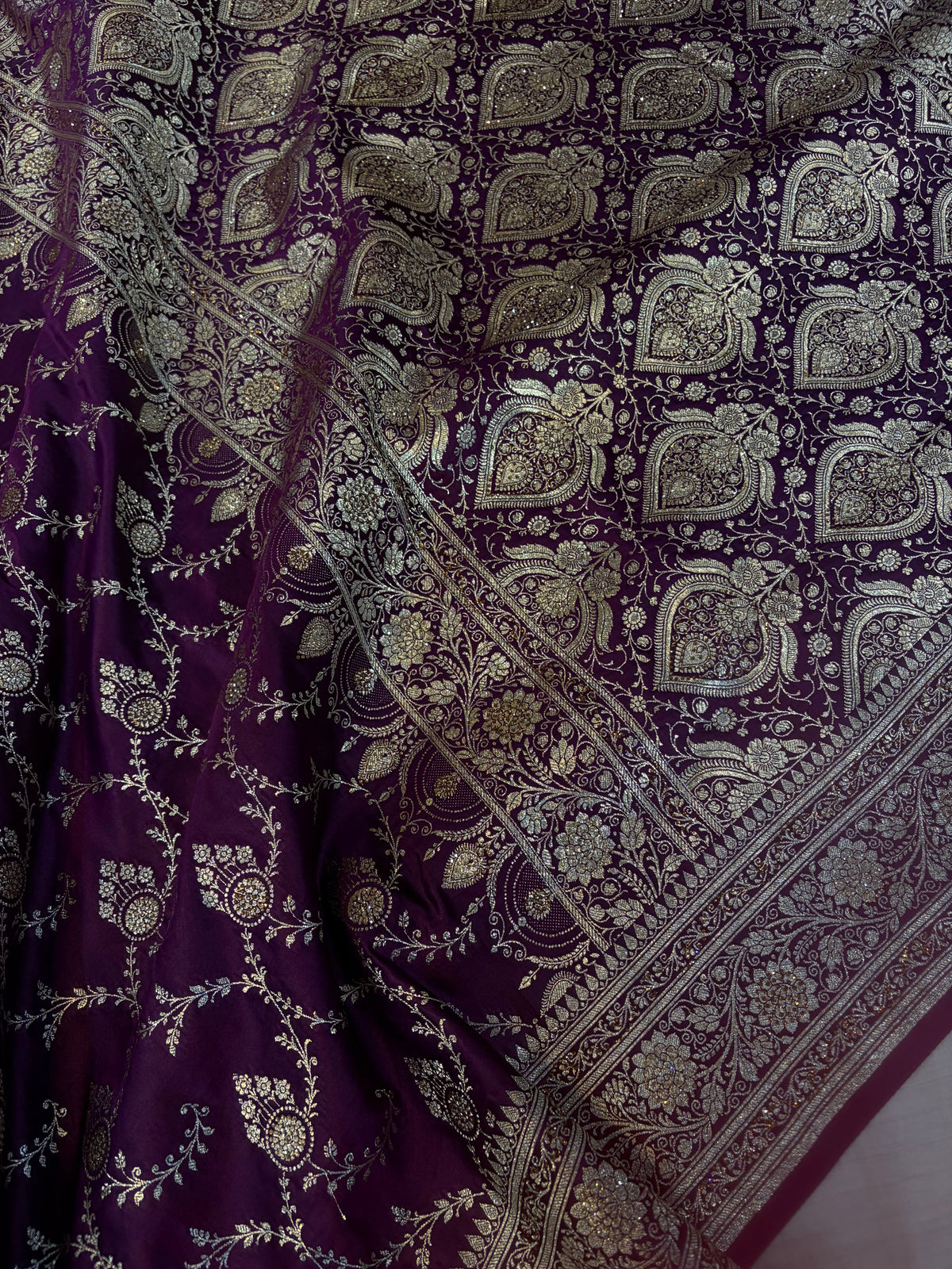 Bridal Banarasi satin Katan silk sarees in dark wine colour with all over Swarovski work