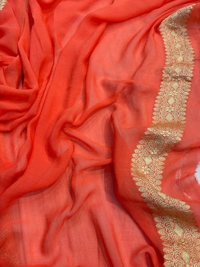 Premium Pure georgette silk sarees in beautiful peach orange colour with all over Meena work