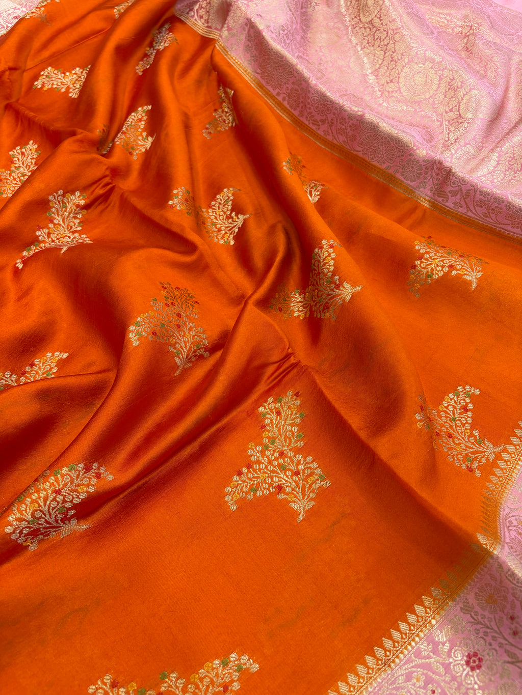 Pure raw mango saree in orange with peach colour combination