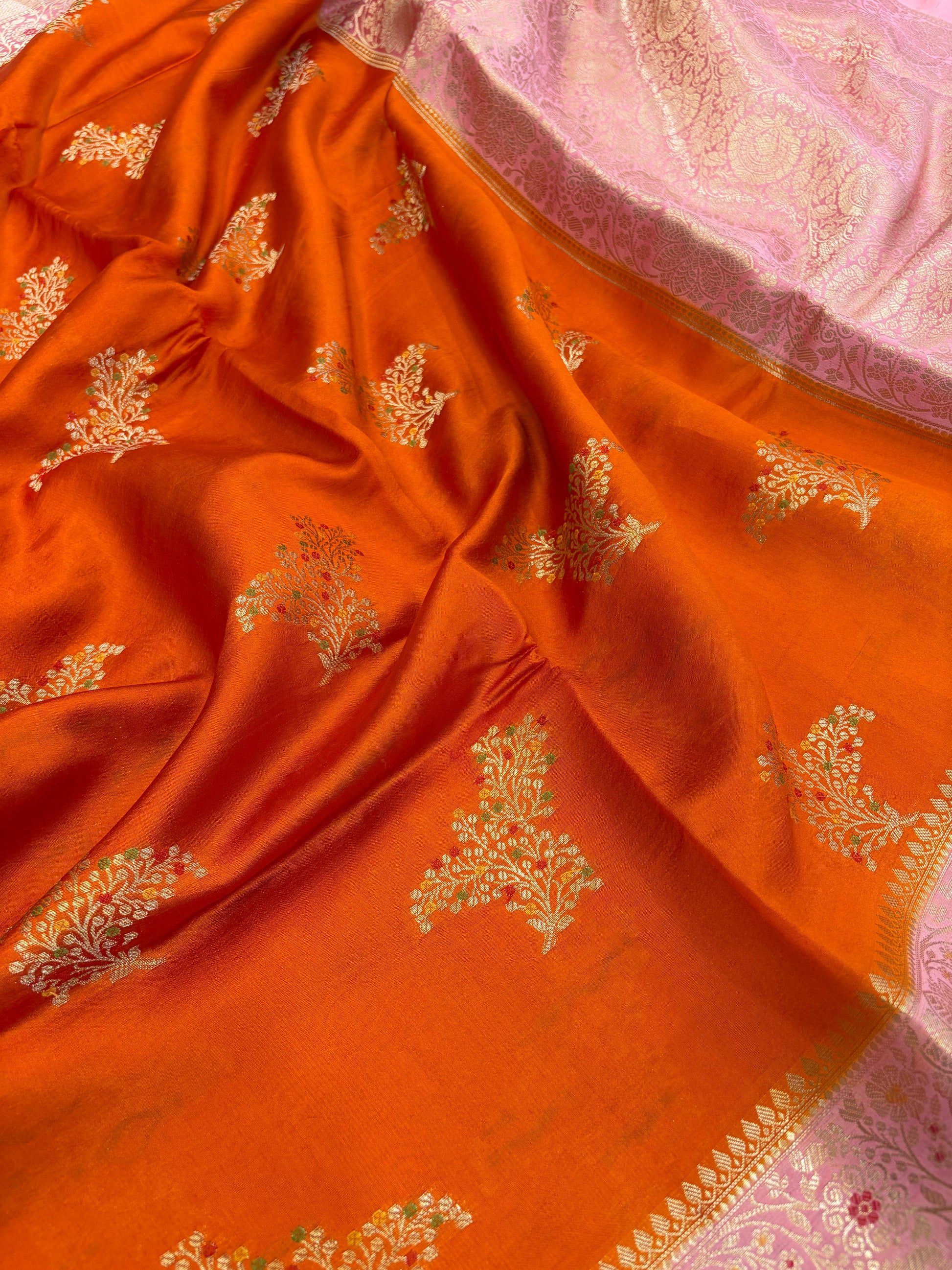 Pure raw mango saree in orange with peach colour combination