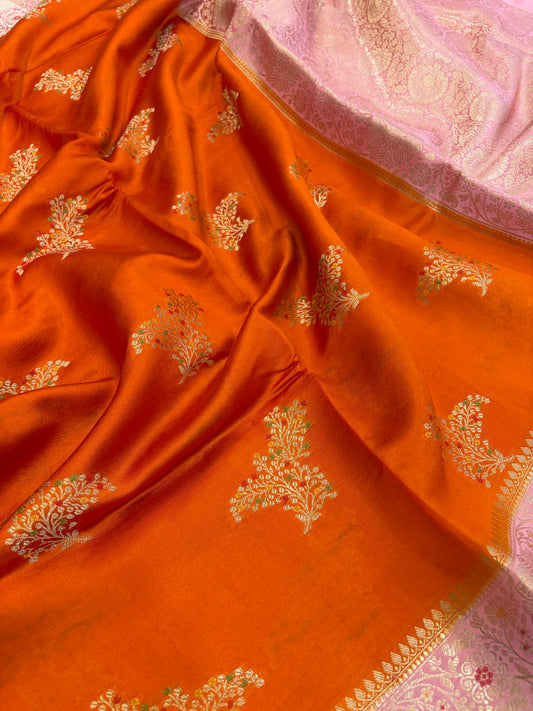 Pure raw mango saree in orange with peach colour combination