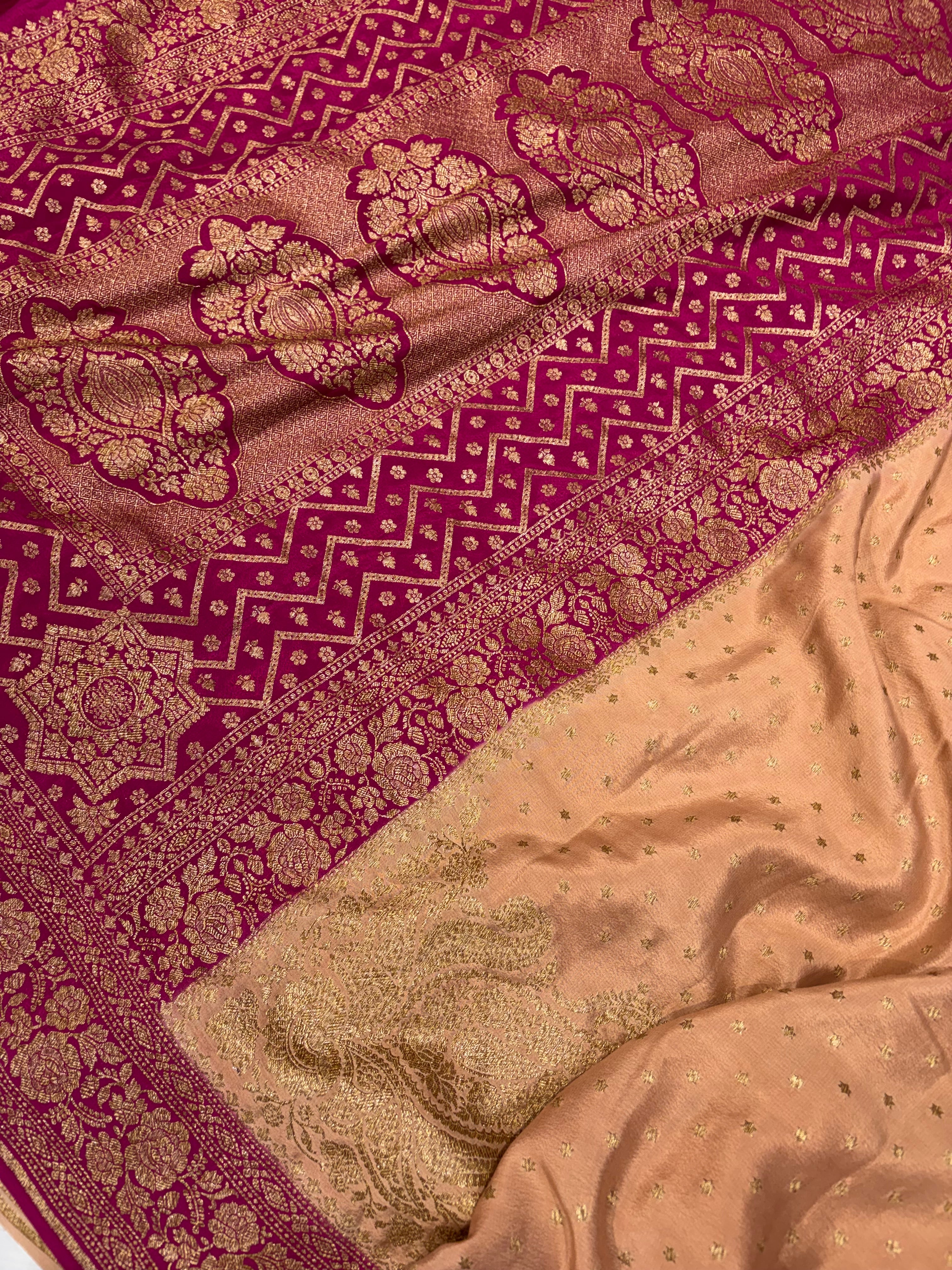 Pure khaddi crepe silk saree in Peach with rani pink colour