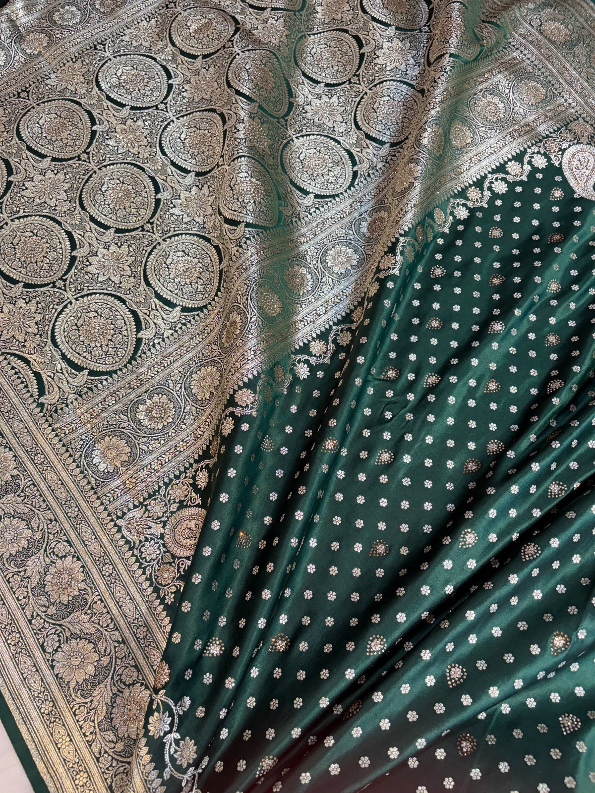 Bridal Banarasi satin Katan silk sarees in bottle geen colour with all over Swarovski work