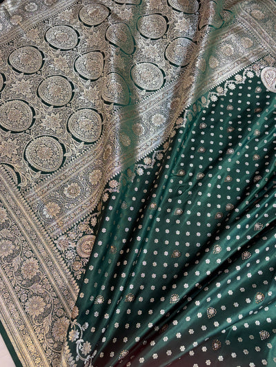 Bridal Banarasi satin Katan silk sarees in bottle geen colour with all over Swarovski work