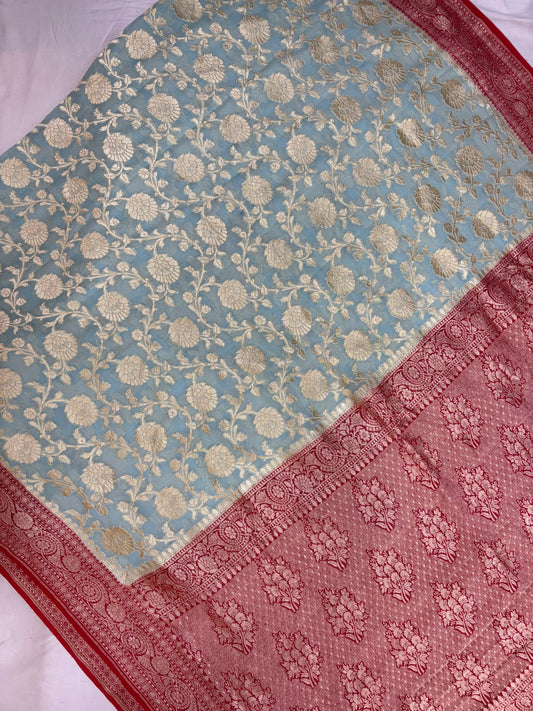Pure Banarasi handloom georgette silk saree in sky lie with red colour