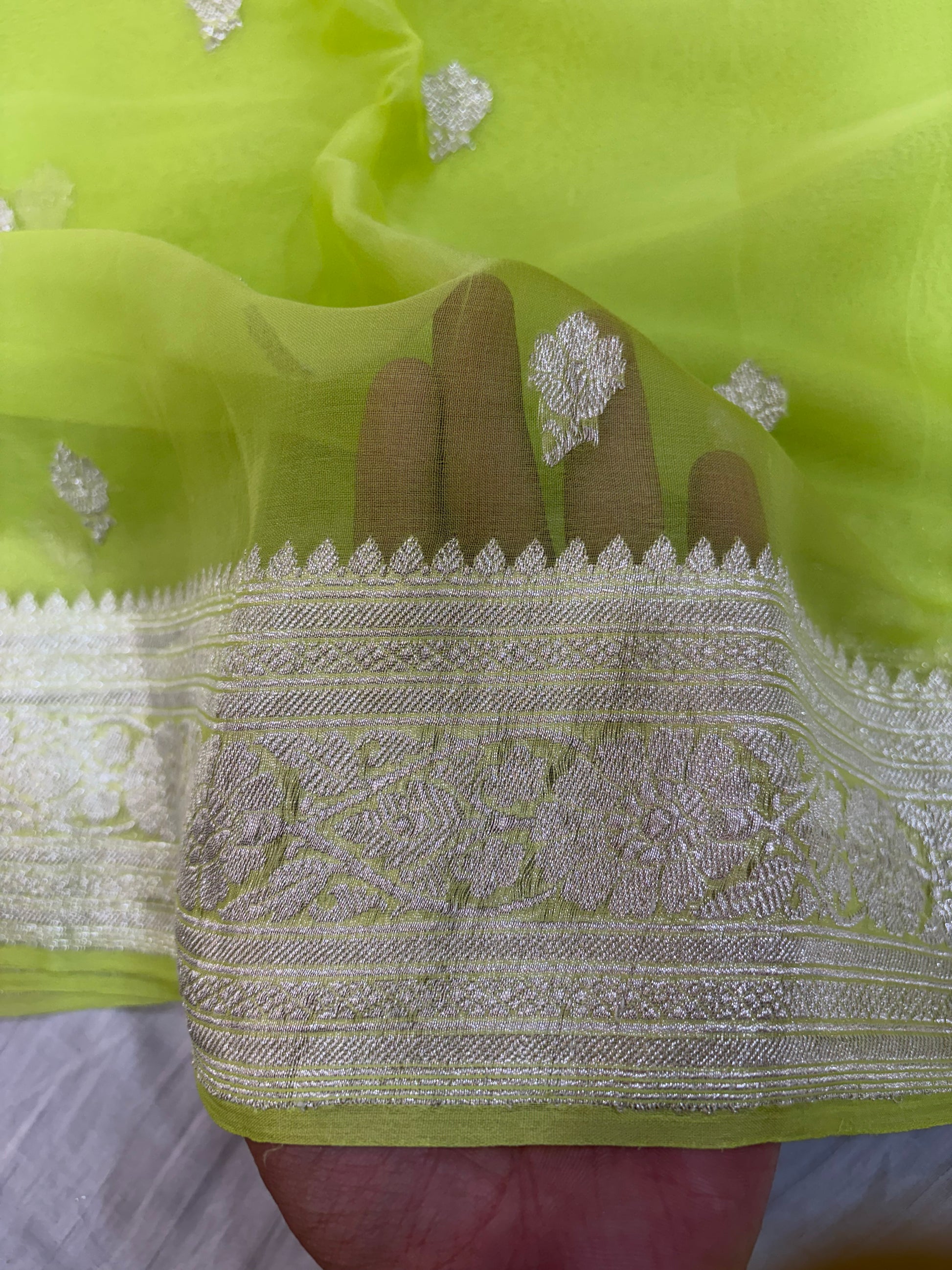 Pure khaddi chiffon saree in neon green colour